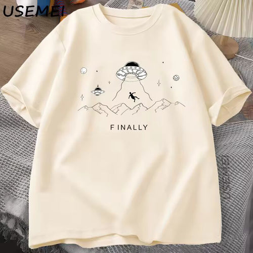 Alien Abduction Finally T Shirt UFO Funny Space Tshirt Harajuku Cotton Tee Unisex Clothing Oversized Loose Cotton Short Sleeve