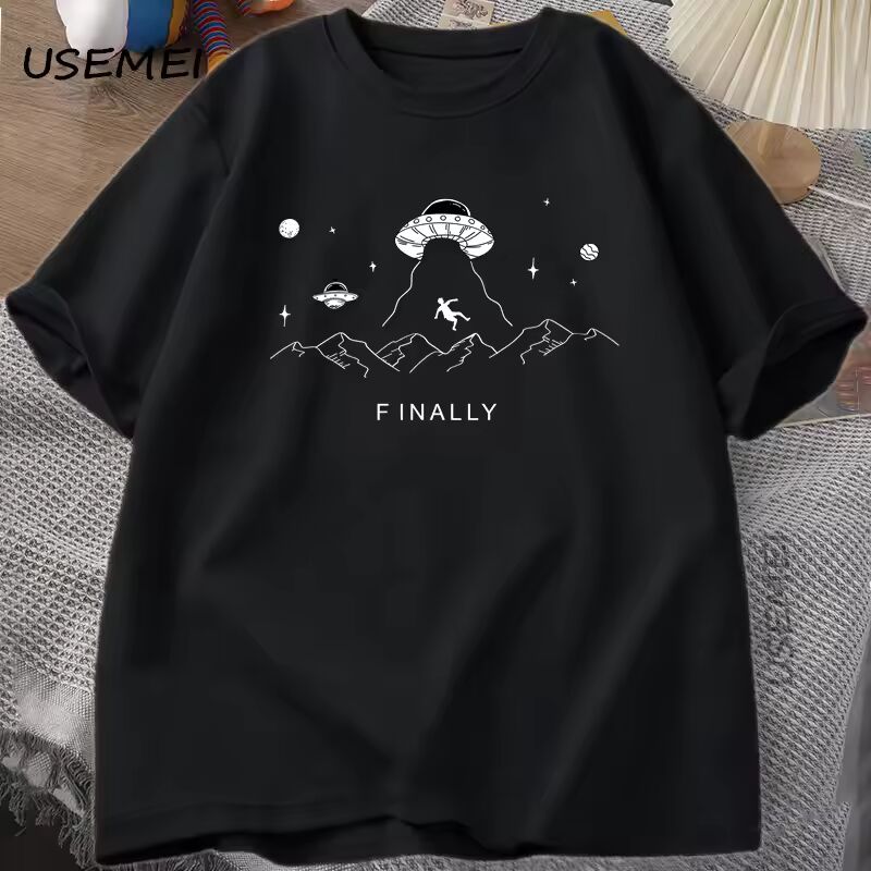 Alien Abduction Finally T Shirt UFO Funny Space Tshirt Harajuku Cotton Tee Unisex Clothing Oversized Loose Cotton Short Sleeve