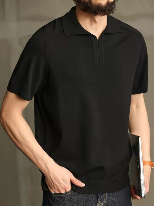 Trendy Slim Mens Short Sleeve Polo Shirt Summer Stylish Zipper Lapel Knitted Polo Shirts For Men Solid Color Short Sleeve Polos